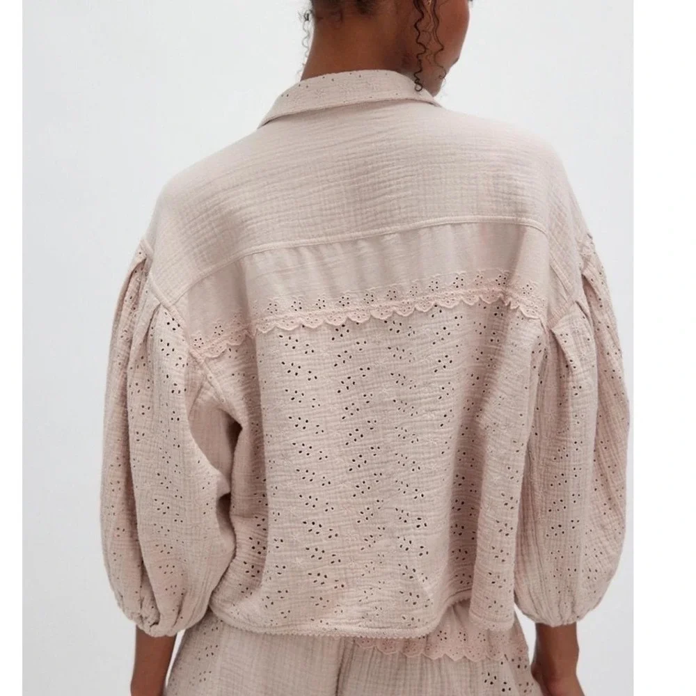 Free People Full Bloom Cotton gauze‎ Eyelet Puff Sleeve Button Down Blouse S
